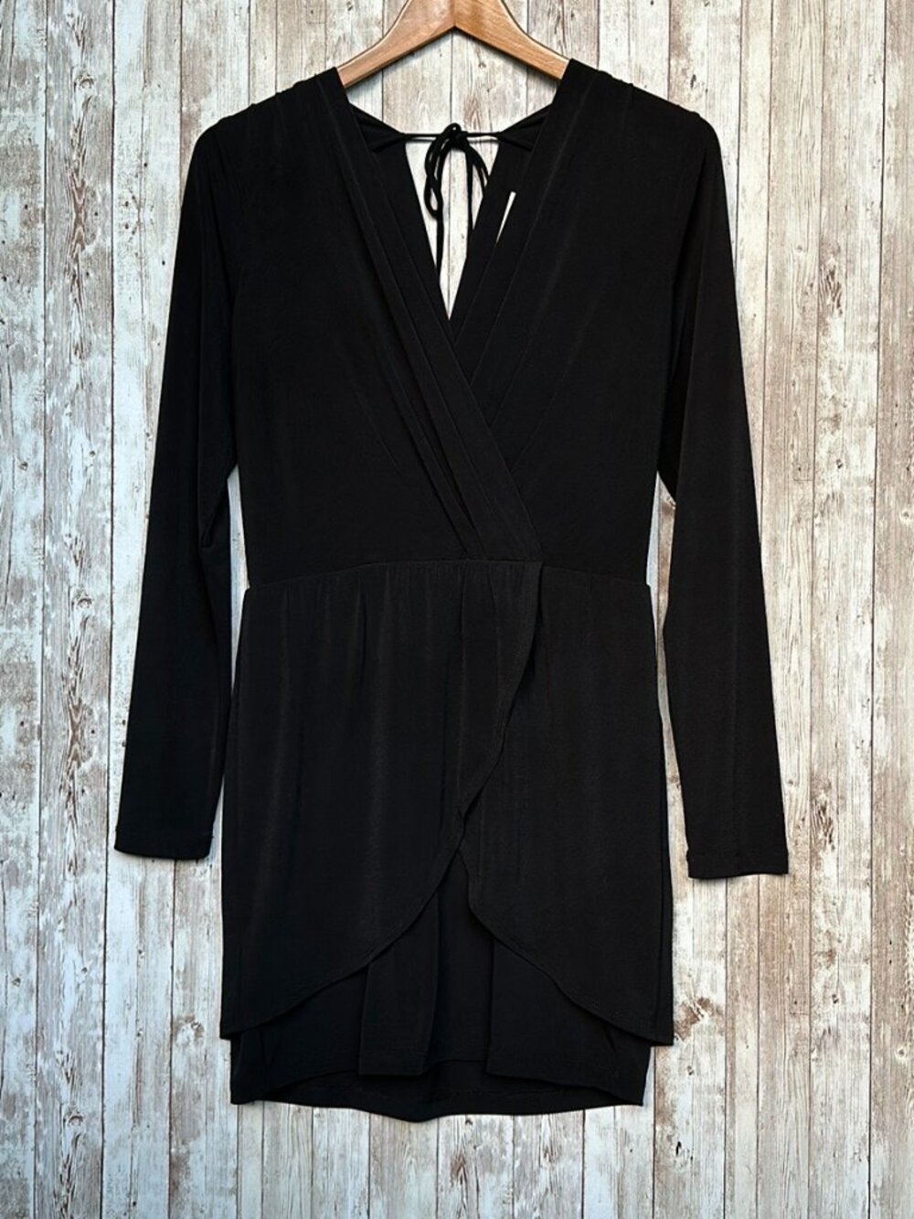 BCBGeneration Mini Dress sz Medium Faux Wrap Long Sleeve Women's Black Sheath